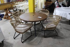 Wood Grain Top Metal Patio Umbrella Table 48D, Wicker Back Arm Metal Chairs (x4)