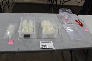 Lot of (46) Plastic Serving Scoops - Clear (x12), Clear XS (x16), Clear S (x5), Red Tongs (x2)