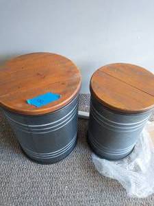 Galvanized Metal Storage Stool with Solid Wood Seat (Set of 2)