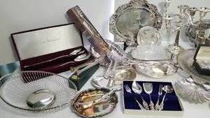 lot 105 image: Large Collection of Silverplate Serving Pieces