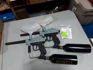2-Brass Eagle Liberator CO2 Paint Ball Guns With CO2 Tanks, Hoppers & Manual