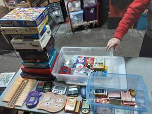 9-Family Games, Playing Cards, Pocket Video Games, Jacks, Cribbage Boards, Puzzles-Incudes Bin