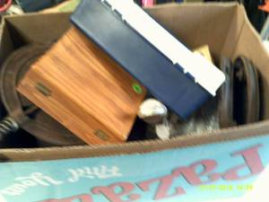 box with misc cast iron pieces , bo...