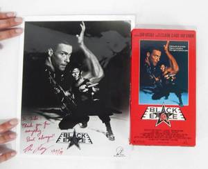lot 58 image: Vintage 1989 Sho Kosugi Signed Black Eagle Promotional Photo and VHS Tape Set