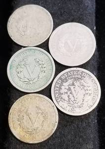 5 LIBERTY NICKELS 1891 1904 1905 1908 1911