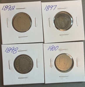 lot 32 image: Four Different Liberty Head Nickels - 1892, 1897, 1898, & 1900