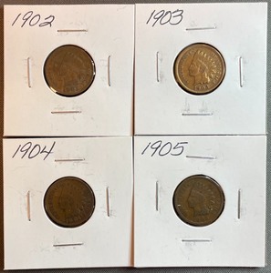 lot 20 image: Four Different Indian Head Pennies - 1902, 1903, 1904, & 1905