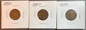 lot 25 image: Three Different Indian Head Pennies - 1883, 1887, & 1888