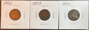 lot 23 image: Three Different Indian Head Pennies - 1892, 1893, & 1894