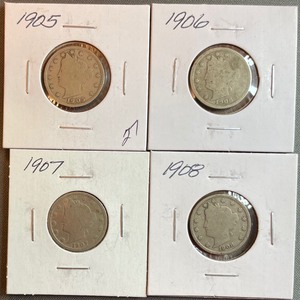 lot 1 image: Four Different Liberty Head Nickels - 1905, 1906, 1907, & 1908