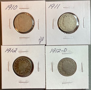 lot 6 image: Four Different Liberty Head Nickels - 1910, 1911, 1912, & 1912-D