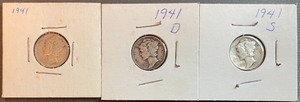 lot 3 image: Three Different Mercury Dimes - 1941 P, D, & S