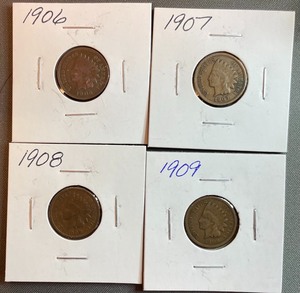 lot 19 image: Four Different Indian Head Pennies - 1906, 1907, 1908, & 1909