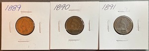 lot 24 image: Three Different Indian Head Pennies - 1889, 1890, & 1891