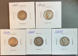 lot 52 image: Five Different Mercury Dimes - 1941-1945