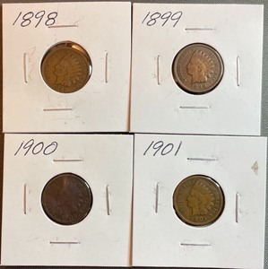lot 21 image: Four Different Indian Head Pennies - 1898, 1899, 1900, & 1901