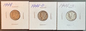 lot 55 image: Three Different Mercury Dimes - 1944, 1944D, & 1944S