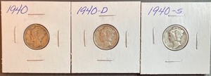 lot 54 image: Three Different Mercury Dimes - 1940, 1940D, & 1940S