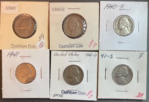 lot 5 image: Five Different Jefferson Nickels - 1940-P & S, 1941 P,  D, & S