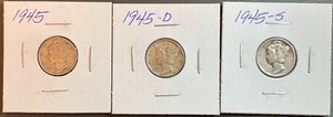 lot 53 image: Three Different Mercury Dimes - 1945, 1945D, & 1945S