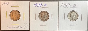lot 51 image: Three Different Mercury Dimes - 1939, 1939-D, & 1939-S