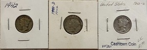 lot 1 image: Three Different Mercury Dimes - 1942 P, D, & S