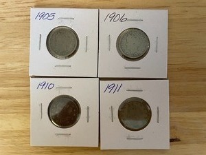 lot 6 image: Four Liberty Head Nickels - 1905, 1906, 1910, & 1911