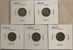 lot 3 image: Five Different Mercury Dimes - 1941 thru 1945