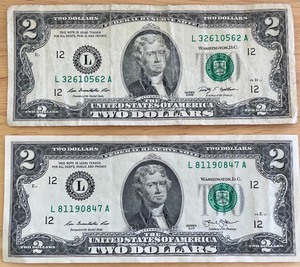 lot 13 image: Two $2 Bills San Francisco Reserve - L81190847A & L32610562A