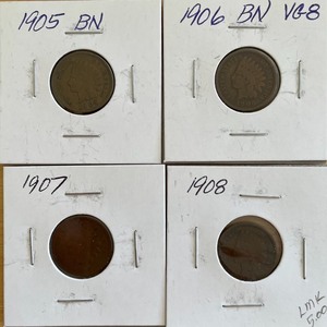 lot 66 image: Four Different Indian Head Pennies - 1905, 1906, 1907, & 1908