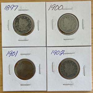lot 7 image: Four Different Liberty Head Nickels - 1897, 1900, 1901, & 1902