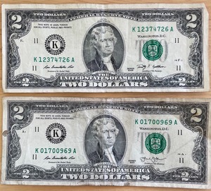 lot 11 image: Two $2 Bills Dallas Reserve - K01700969A & K12374726A