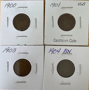 lot 65 image: Four Indian Head Pennies - 1900, 1901, 1903, & 1904