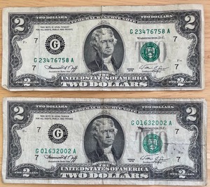 lot 14 image: Two $2 Bills Chicago Reserve - G01632002A & G23476758A