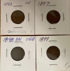 lot 41 image: Four Indian Head Pennies - 1892, 1897, 1898, & 1899