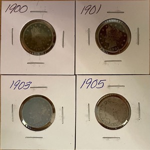 lot 8 image: Four Different Liberty Head Nickels - 1900, 1901, 1903, & 1905