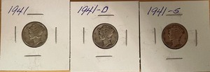lot 45 image: 1941 P, D, & S Mercury Dimes