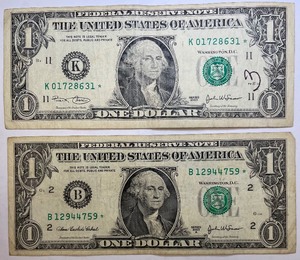Two $1 Star Notes - 2003 & 2003A, K01728631  & B12944759 