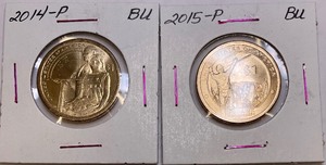 Two Native American Dollars - 2014-P & 2015-P BU