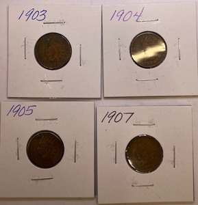 Four Different Indian Head Pennies - 1903, 1904, 1905, & 1907