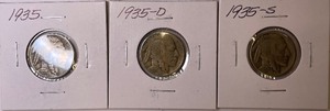 Three Buffalo Nickels - 1935 P, D, & S