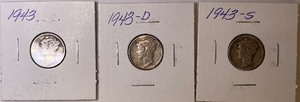 Three Different Mercury Dimes - 1943 P, D, & S