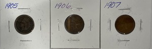 Three Different Indian Head Pennies - 1905, 1906, & 1907