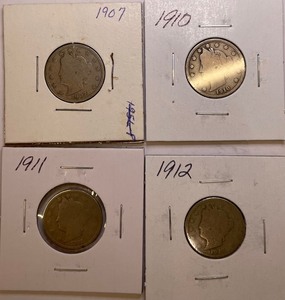 Four Different Liberty Head Nickels - 1907, 1910, 1911, & 1912