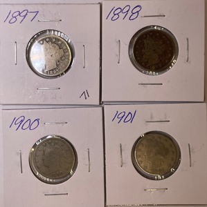 Four Liberty Head Nickels - 1897, 1898, 1900, & 1901
