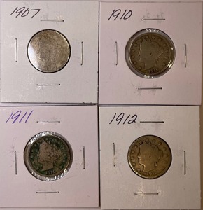 Four Different Liberty Head Nickels - 1907, 1910, 1911, & 1912