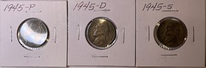 Three Different Silver War Nickels - 1945 P, D, & S