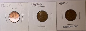 Three Lincoln Wheat Pennies - 1937 P,D, & S