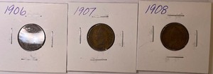 Three Different Indian Head Pennies - 1906, 1907, & 1908