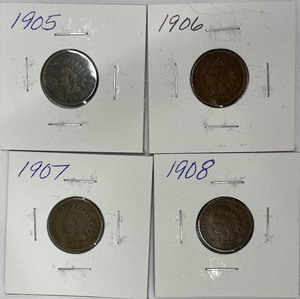 Four Different Indian Head Pennies - 1905, 1906, 1907, & 1908
